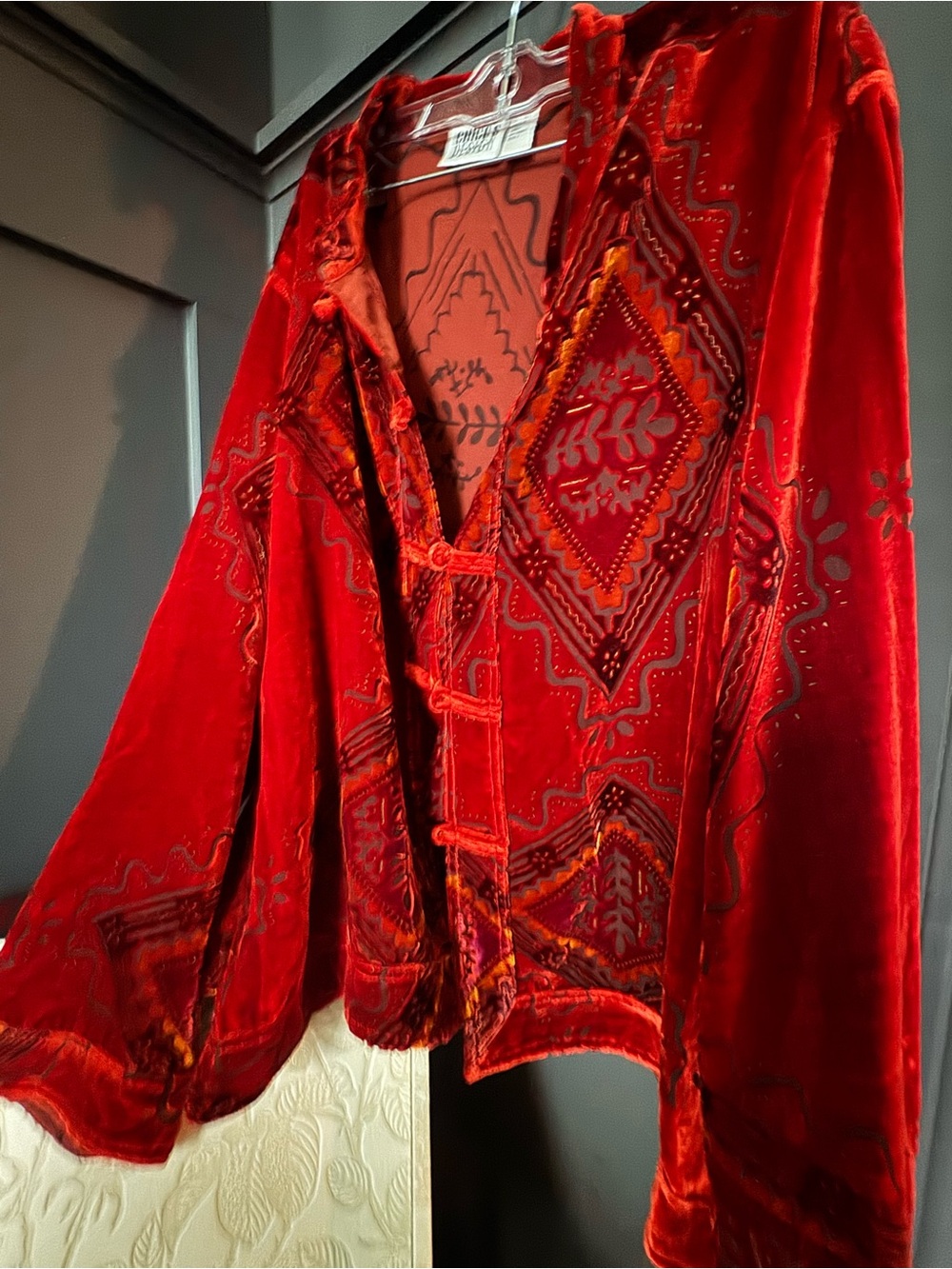 Chico's Red Velvet Embroidered Jacket - Picture 3 of 6